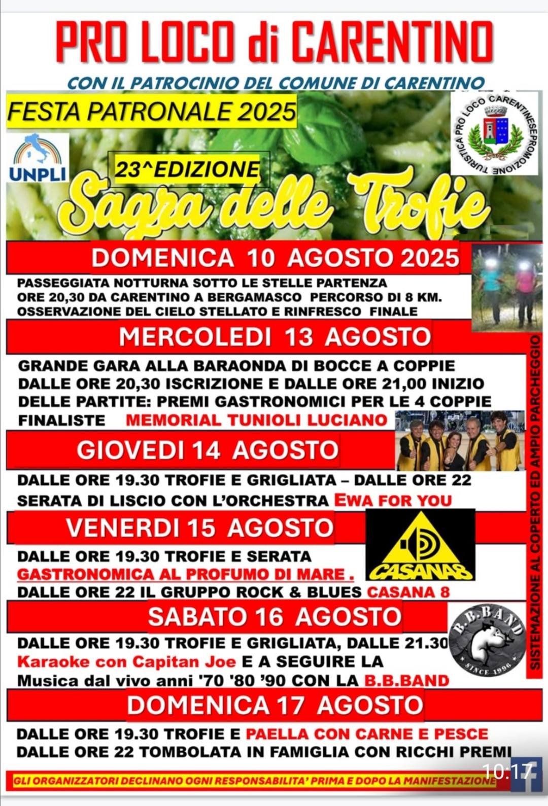 Sagra delle Trofie 2025 a Carentino: Una Festa Patronale tra Gusto e Divertimento da non Perdere.