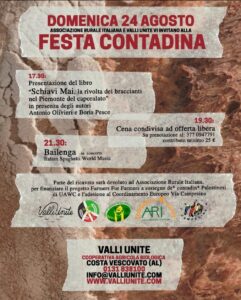 VALLI UNITE: Alla festa contadina, presentazione libro "Schiavi mai" e cena e concerto