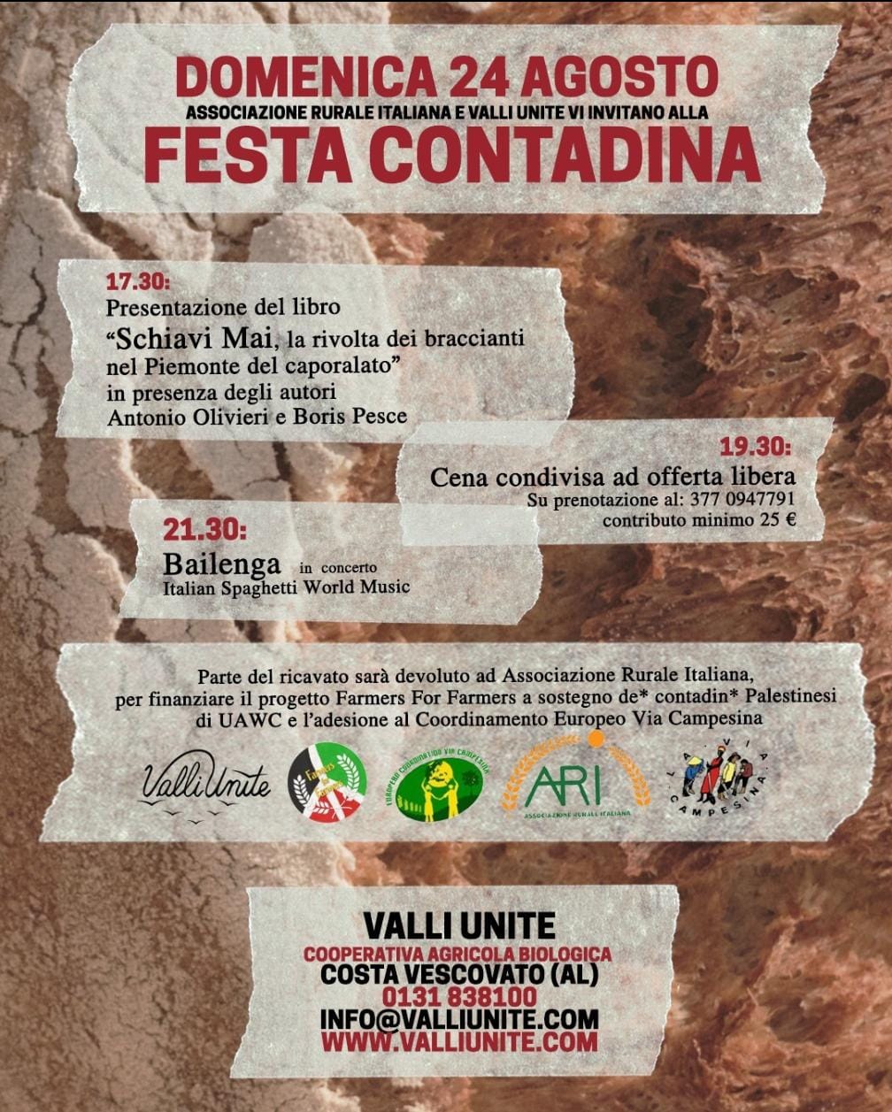 VALLI UNITE: Alla festa contadina, presentazione libro "Schiavi mai" e cena e concerto